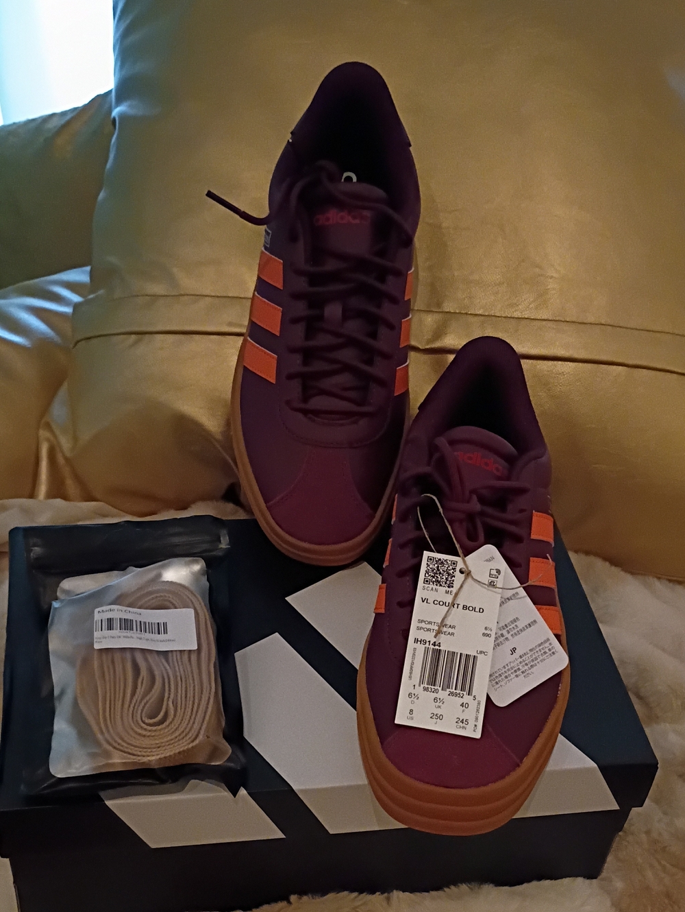 adidas VL Court Bold Sneakers in Burgundy with Orange Stripes and Gum Sole